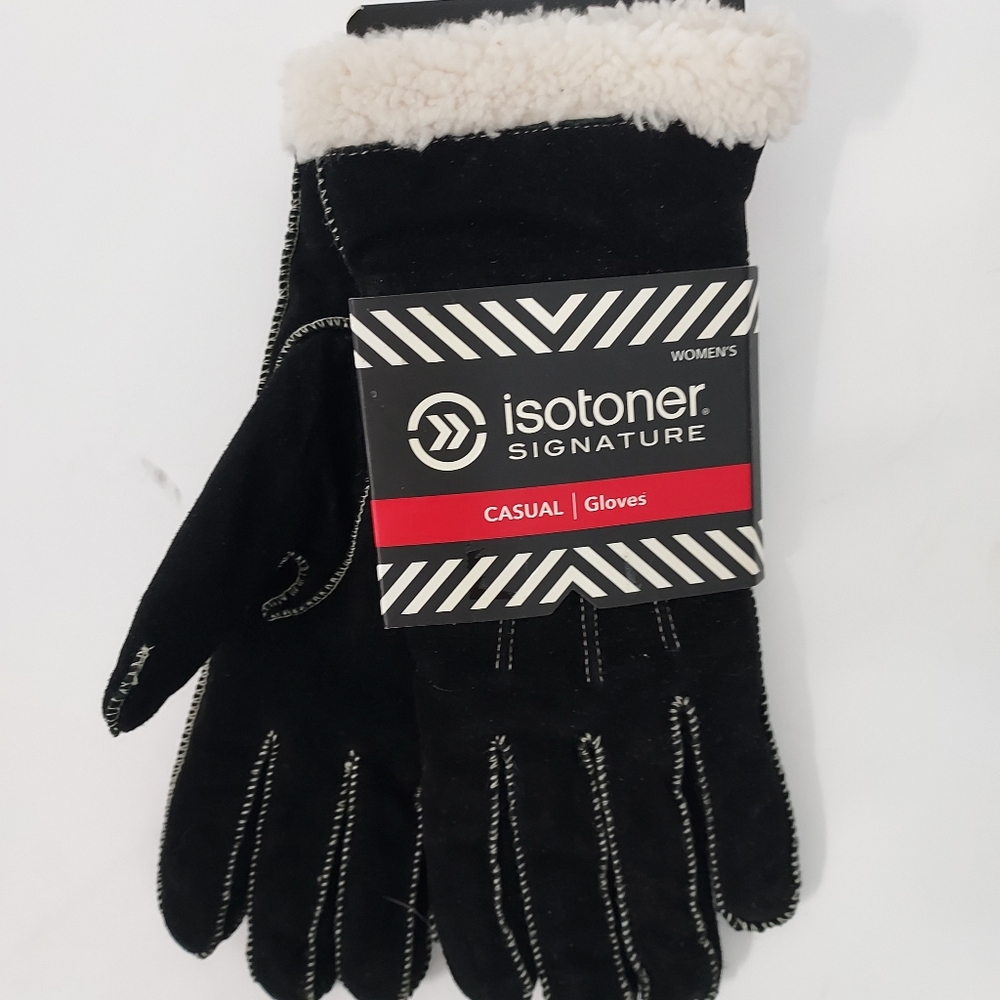 New Black Suede Isotoner Fleece Li Ed Gloves - Picture 1 of 3